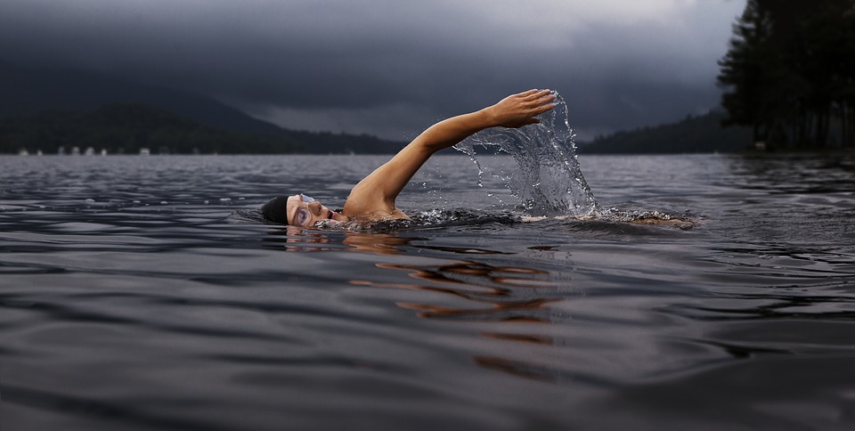 Swimming competition practice on the sea